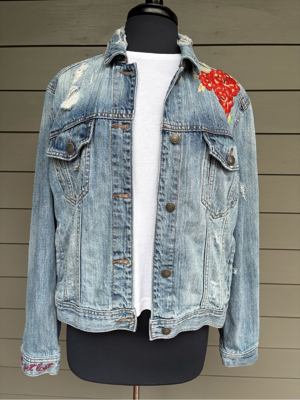 Light Blue Denim Jacket with Red Floral Embroidery Size L